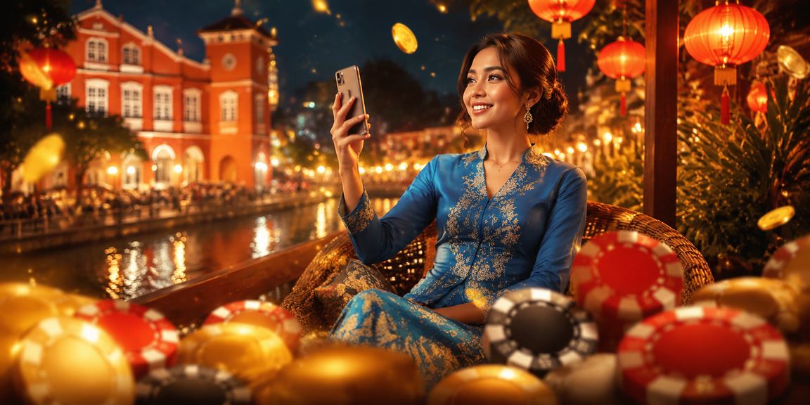 A mobile casino experience set against a traditional baju kurung backdrop in Melaka